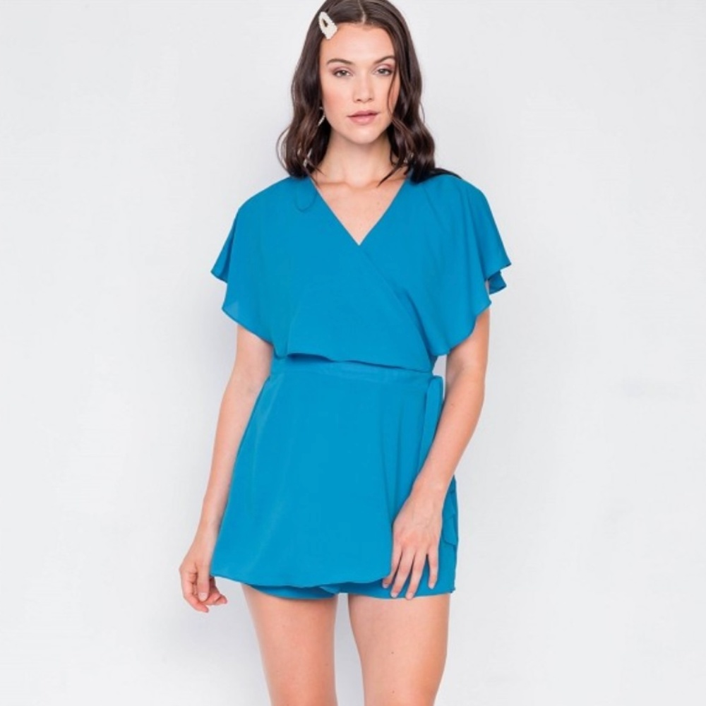 Mock wrap butterfly sleeve romper